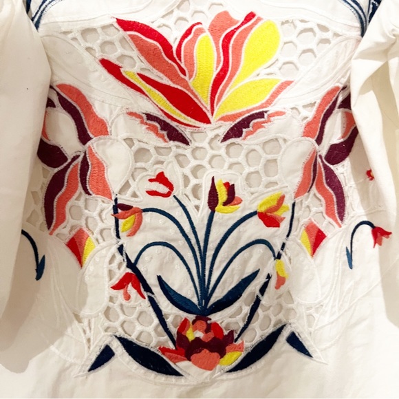 Tanya Taylor Marja Embroidered Floral Cold Shoulder Cotton White Blouse Size 2 - Picture 7 of 8
